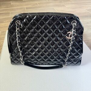 CHANEL Black Quilted Patent Leather Just Mademoiselle Bowler Bag (Excellent)